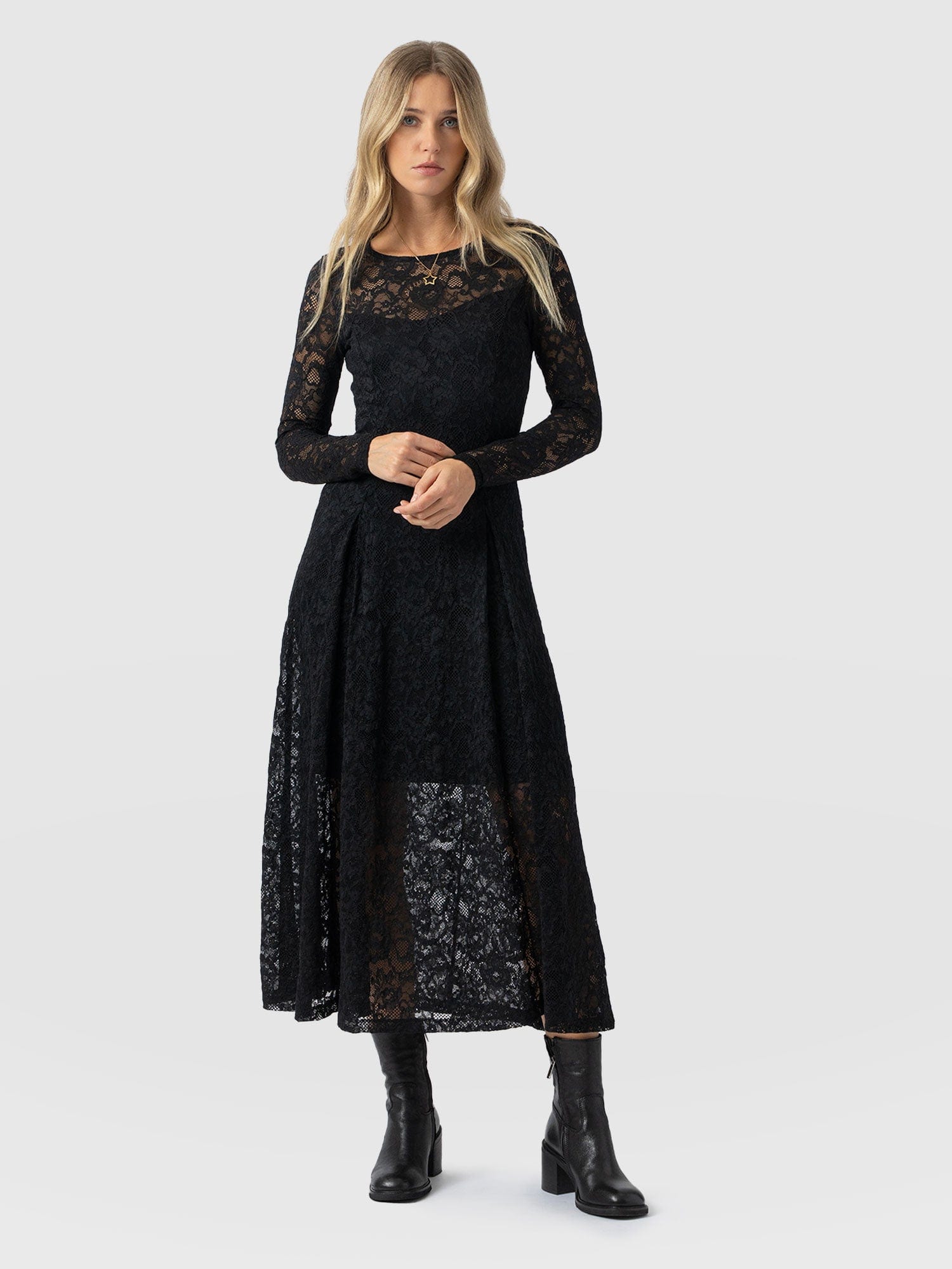 Lana Pleated Dress - Black Lace - Women's Dresses | Saint and Sofia® UK