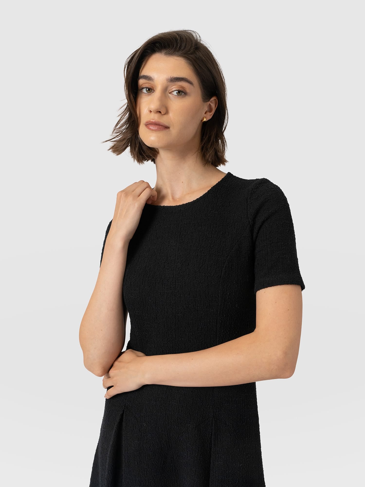 Lana Pleated Short Sleeve Dress - Black Boucle - Women's Dresses | Saint and Sofia® UK