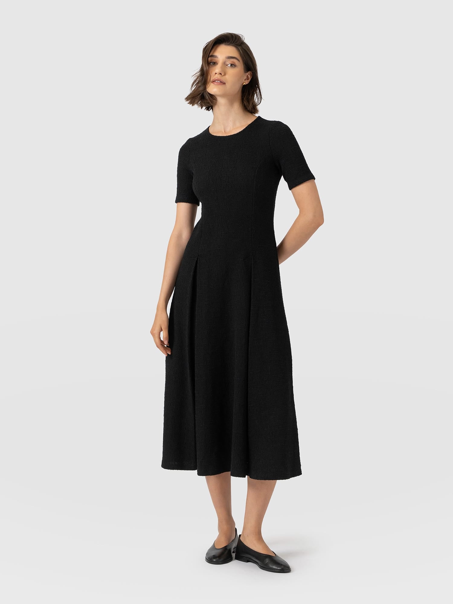 Lana Pleated Short Sleeve Dress - Black Boucle - Women's Dresses | Saint and Sofia® UK