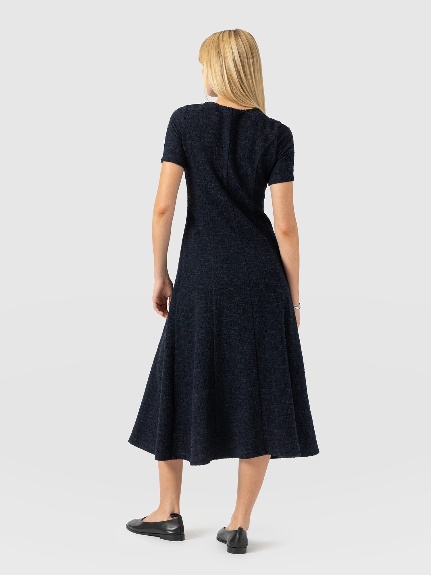 Lana Pleated Short Sleeve Dress - Navy Boucle - Women's Dresses | Saint and Sofia® UK