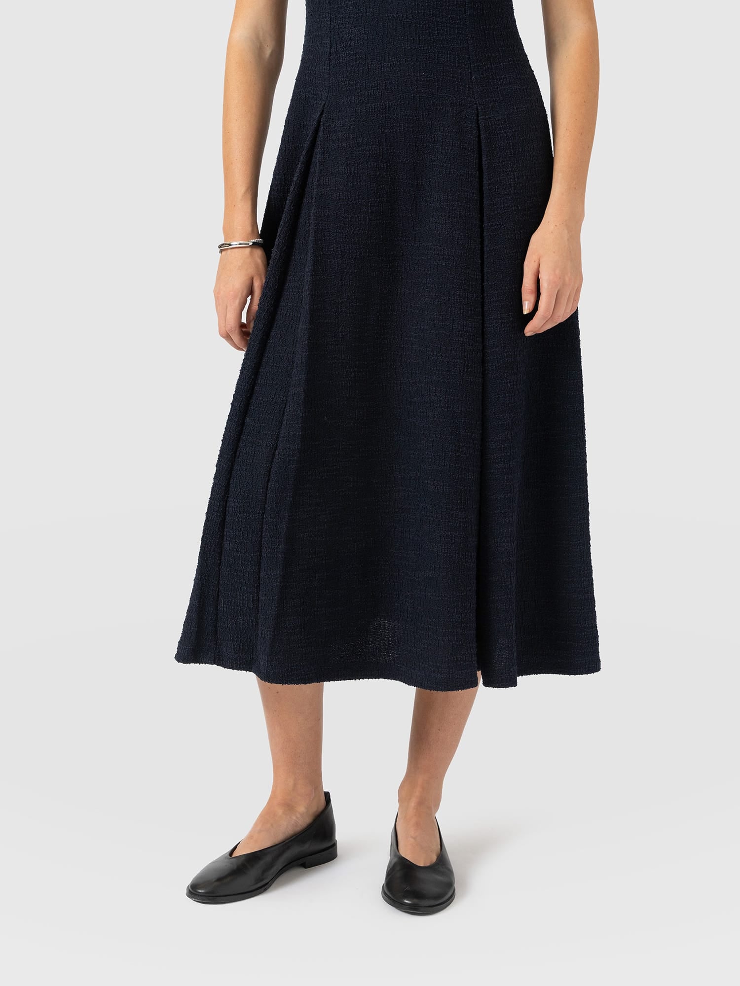 Lana Pleated Short Sleeve Dress - Navy Boucle - Women's Dresses | Saint and Sofia® UK