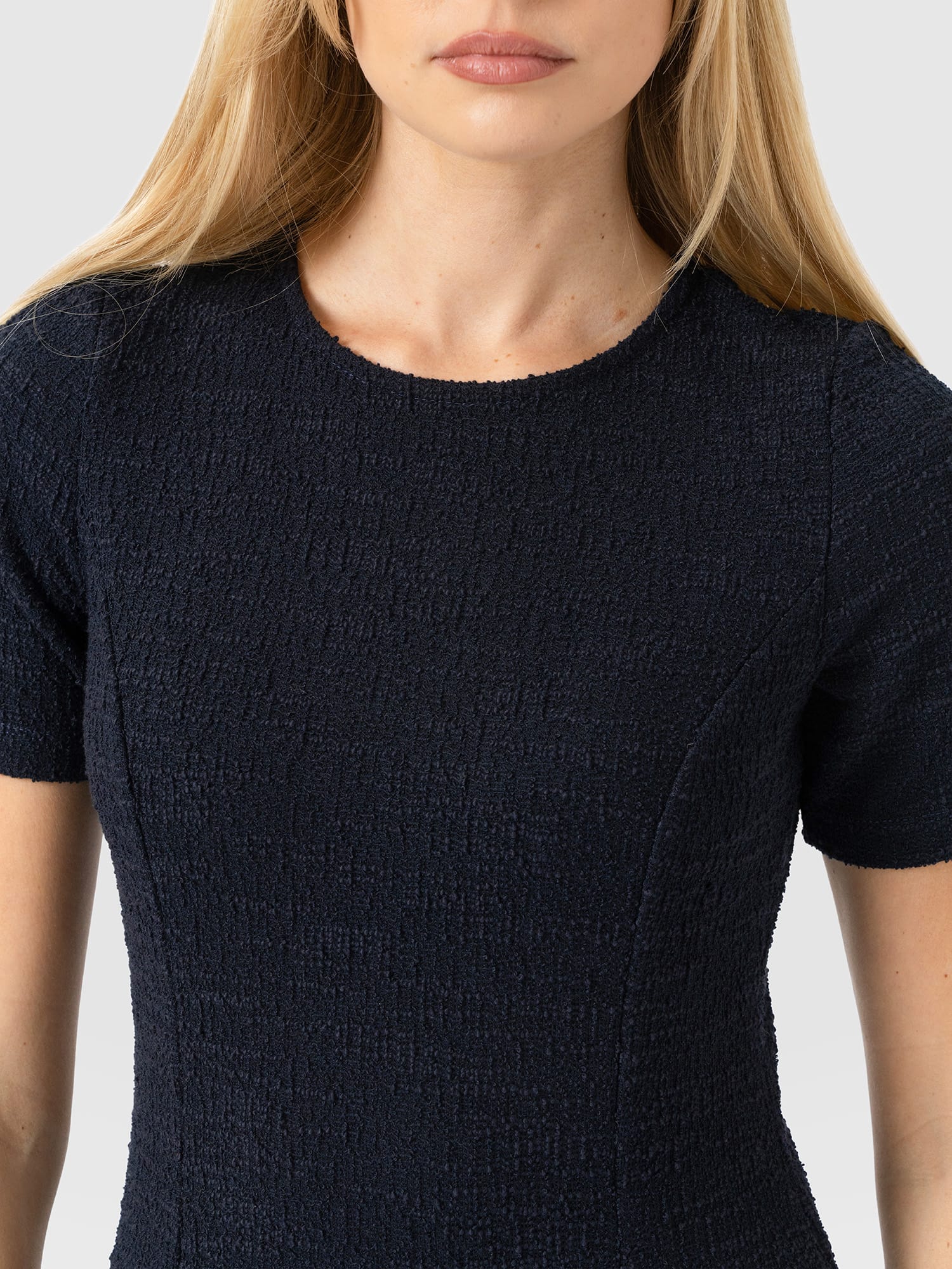 Lana Pleated Short Sleeve Dress - Navy Boucle - Women's Dresses | Saint and Sofia® UK