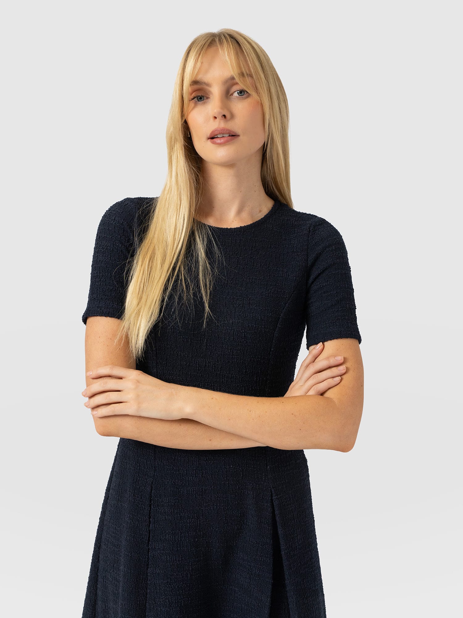 Lana Pleated Short Sleeve Dress - Navy Boucle - Women's Dresses | Saint and Sofia® UK
