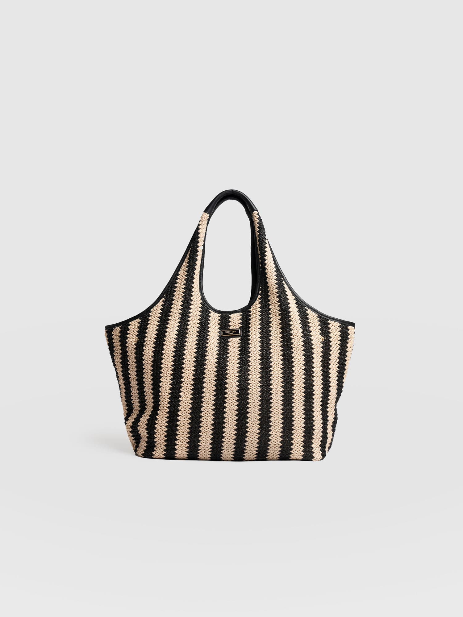 Large Stella Shoulder Tote Bag - Beige/Black Raffia