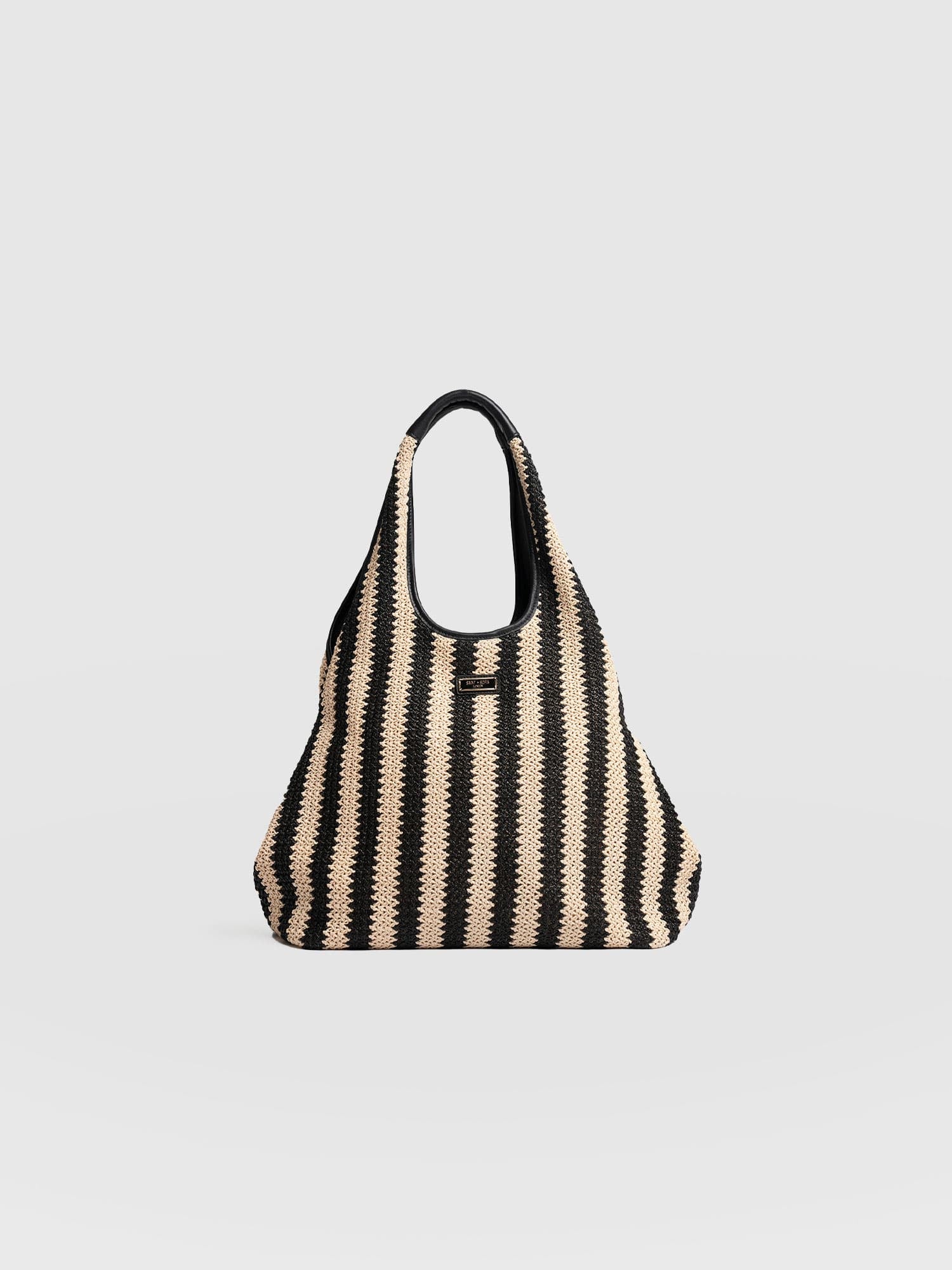 Large Stella Shoulder Tote Bag - Beige/Black Raffia