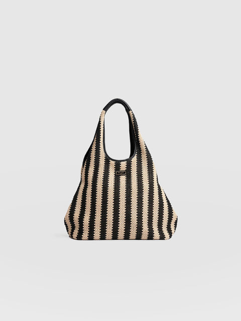 Large Stella Shoulder Tote Bag - Beige/Black Raffia