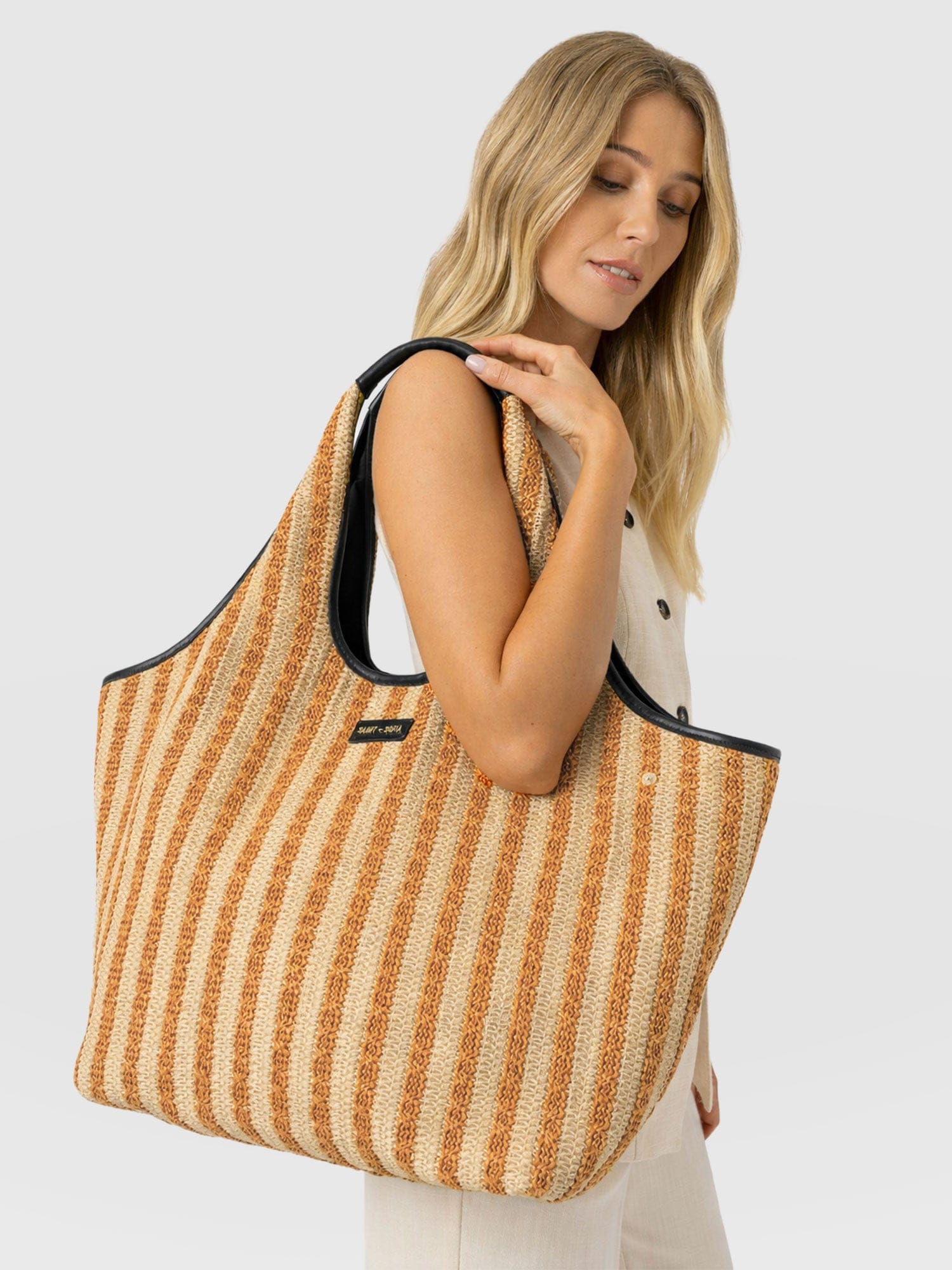 Large Stella Shoulder Tote Bag - Orange Raffia