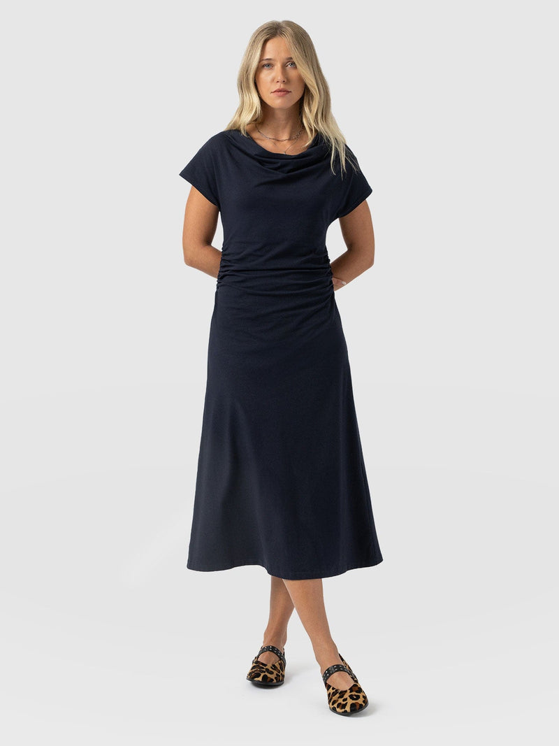 Laurie Cowl Neck Dress - Navy - Women's Dresses | Saint + Sofia® UK