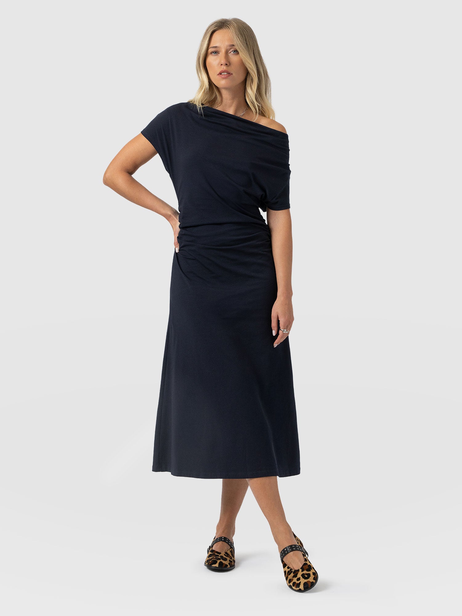 Laurie Cowl Neck Dress - Navy