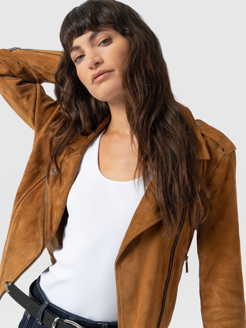 Luther Leather Jacket - Camel Suede - Women's Leathers | Saint and Sofia® UK