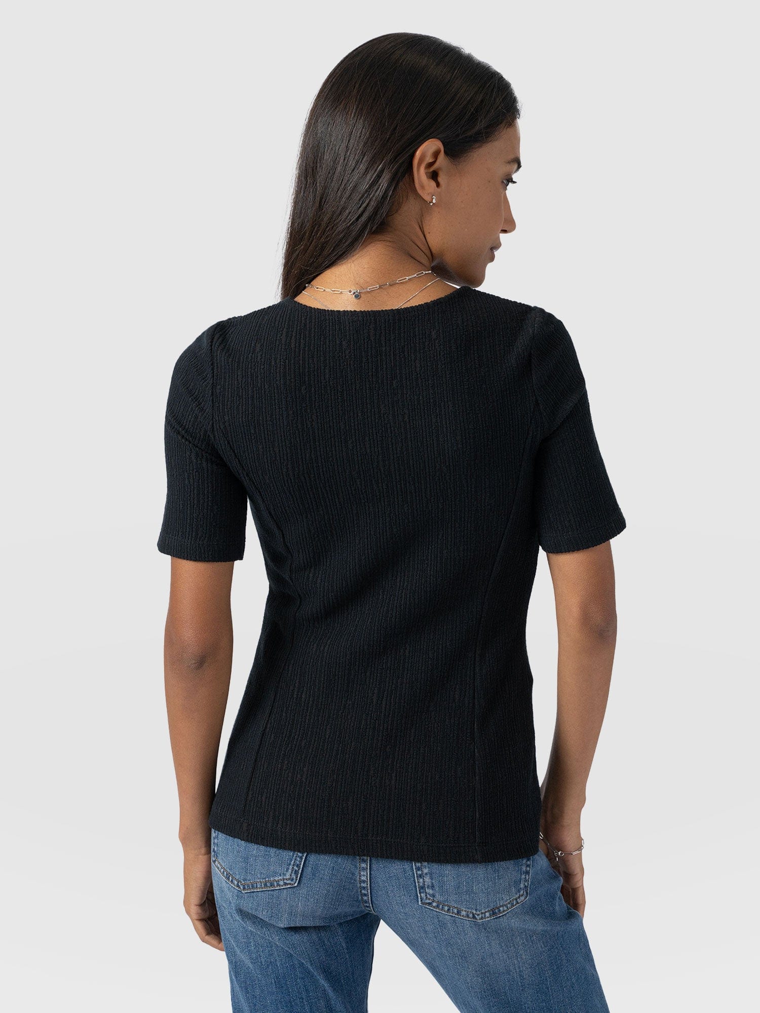 Akia Short Sleeve Tee - Black Textured - Women's T-Shirts | Saint and Sofia® UK