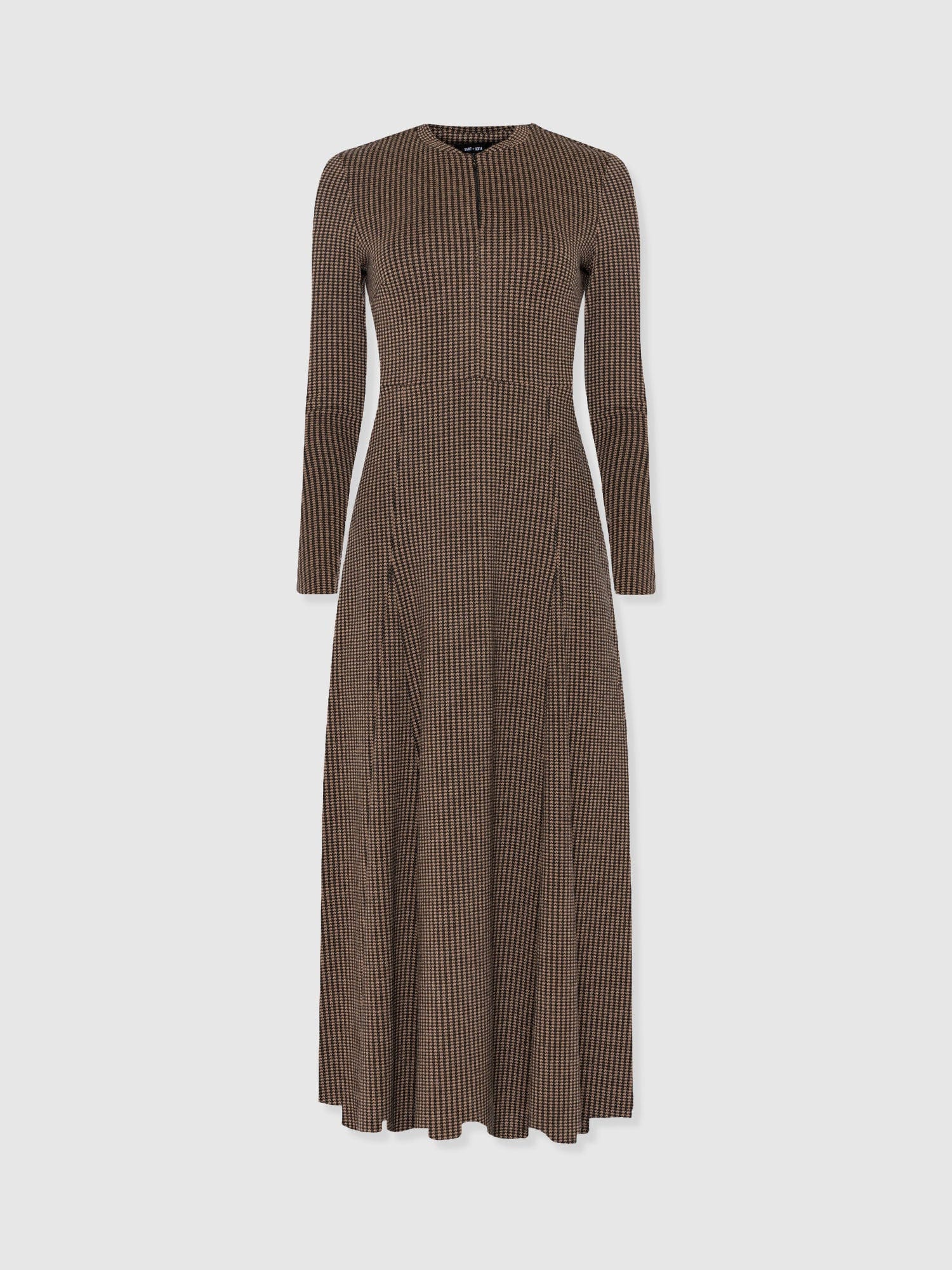 Macie Zip Up Dress - Brown Mini Houndstooth