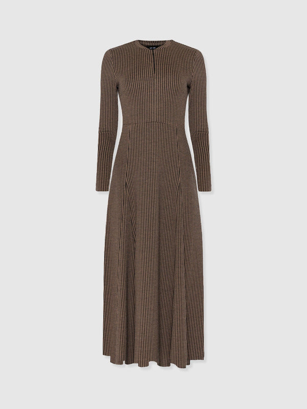 Macie Zip Up Dress - Brown Mini Houndstooth