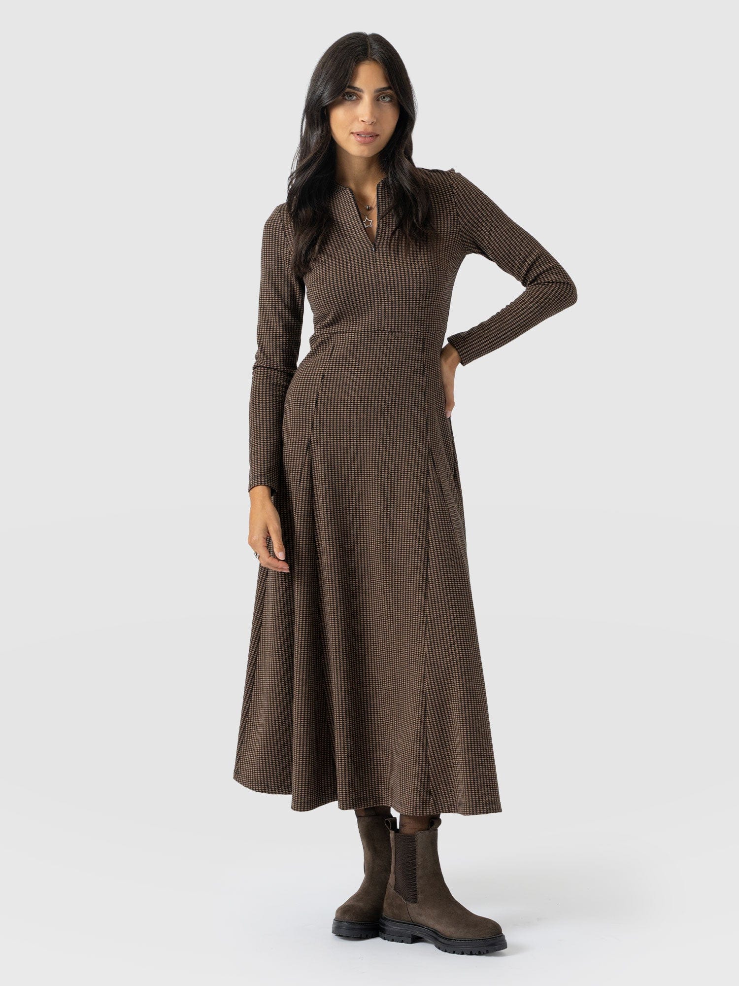 Macie Zip Up Dress - Brown Mini Houndstooth