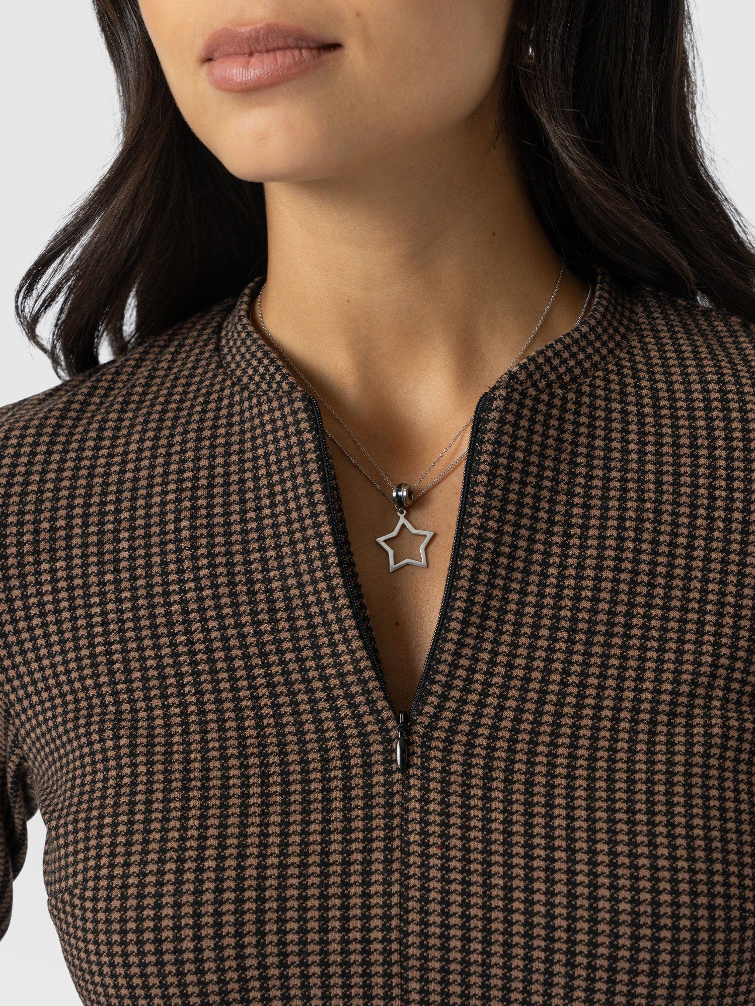 Macie Zip Up Dress - Brown Mini Houndstooth