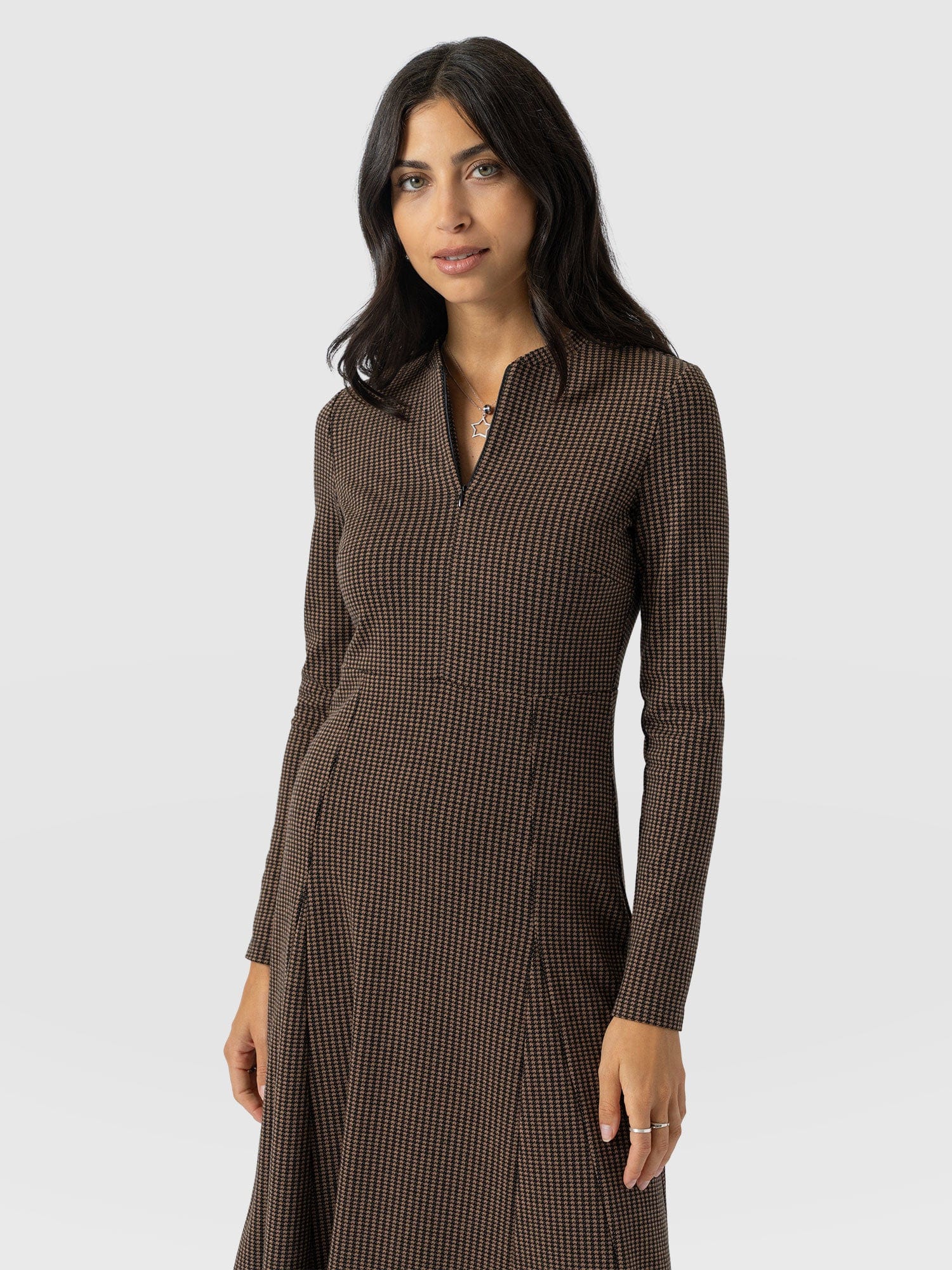 Macie Zip Up Dress - Brown Mini Houndstooth