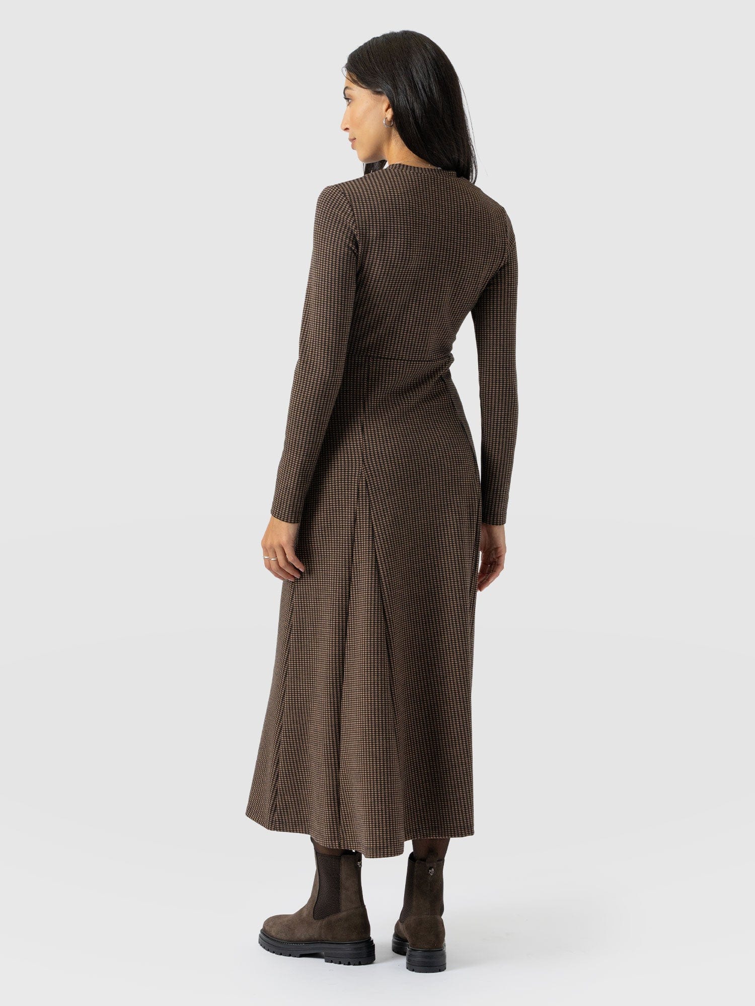 Macie Zip Up Dress - Brown Mini Houndstooth