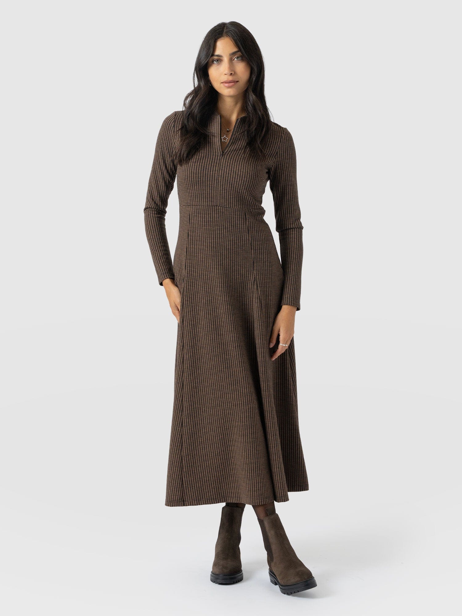 Macie Zip Up Dress - Brown Mini Houndstooth