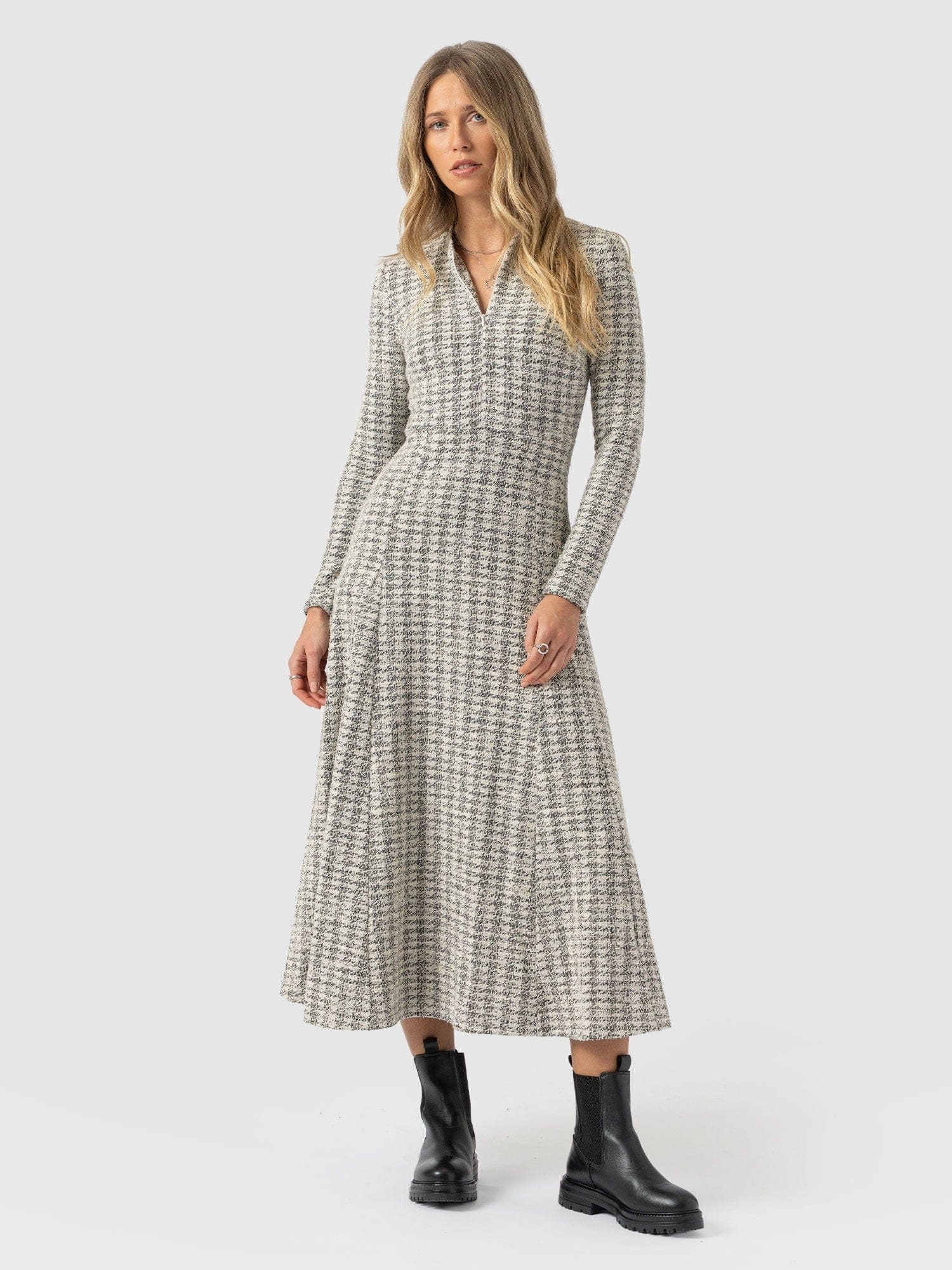 Macie Zip Up Dress - Cream Boucle