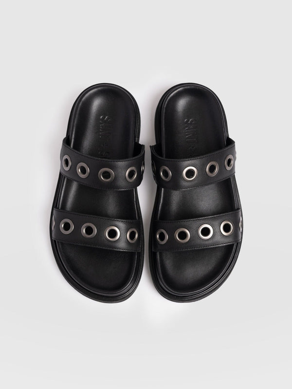 Madison Eyelet Slides - Black