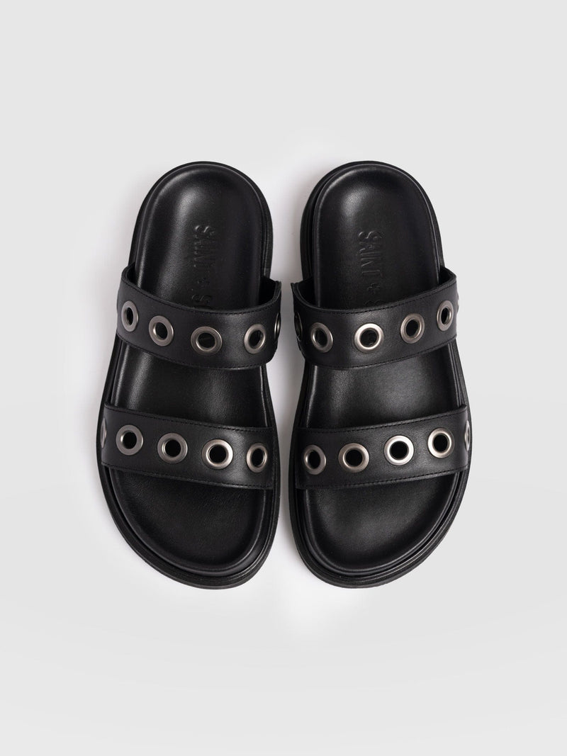 Madison Eyelet Slides - Black