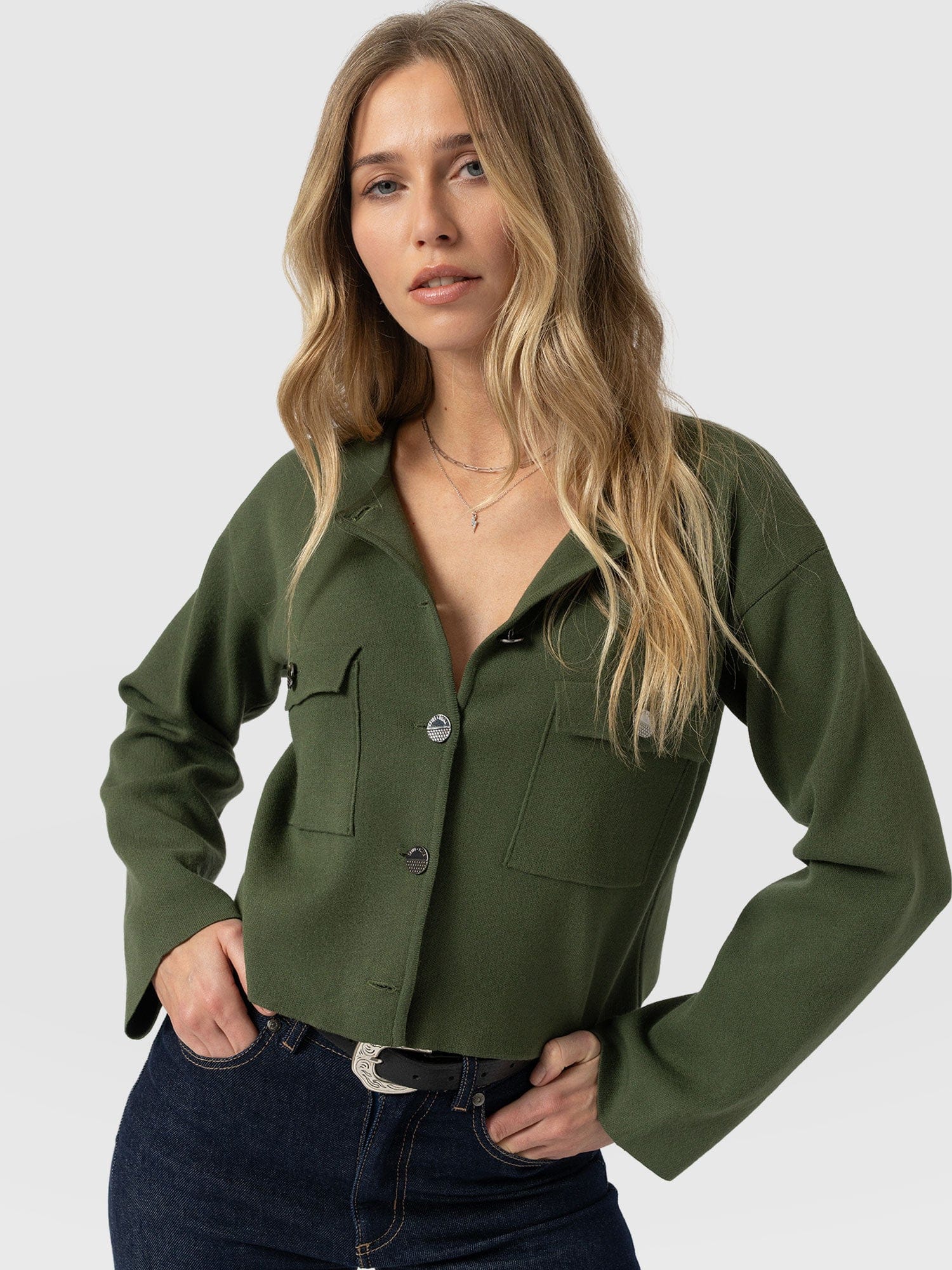 Maeva Knit Jacket - Khaki - Women's Knitwears | Saint + Sofia® UK