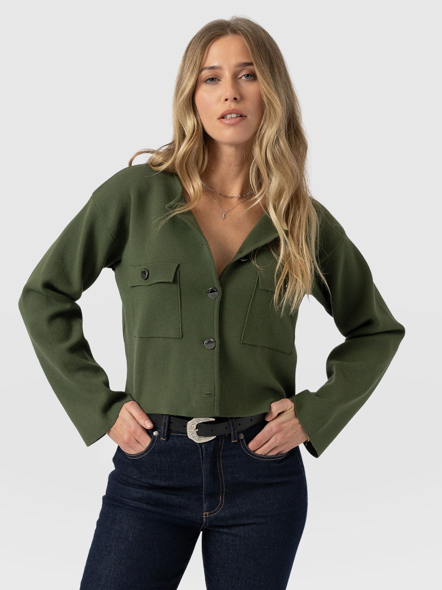 Maeva Knit Jacket - Khaki - Women's Knitwears | Saint + Sofia® UK