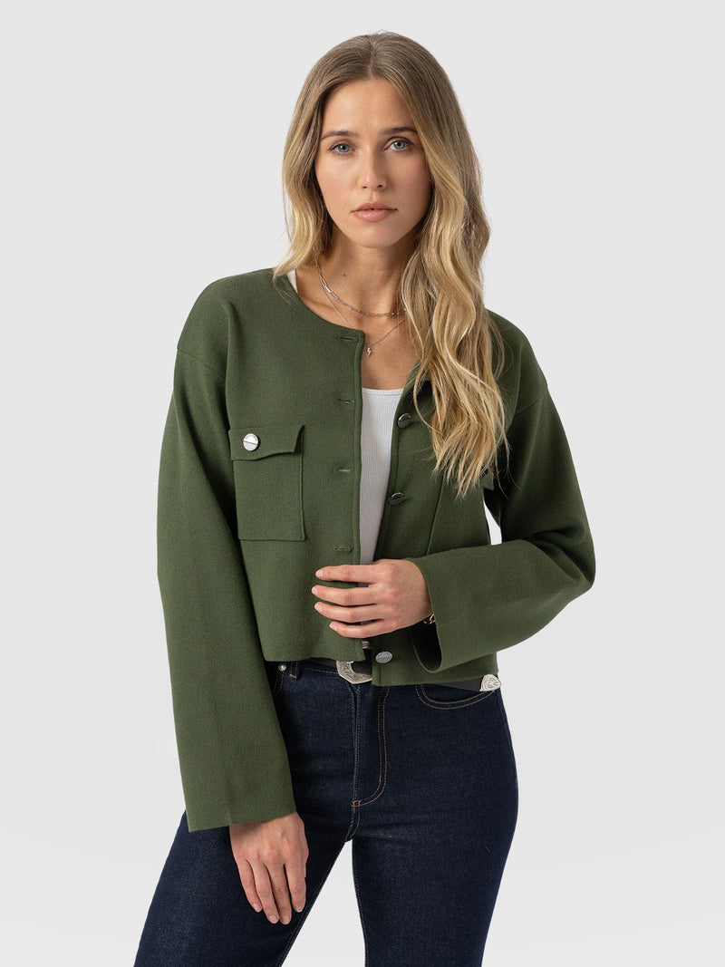 Maeva Knit Jacket - Khaki - Women's Knitwears | Saint + Sofia® UK