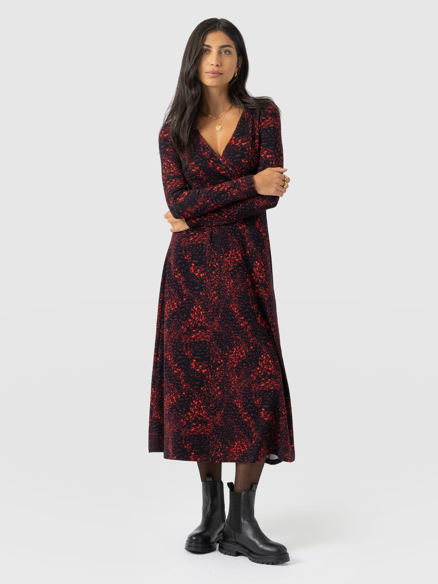 Maggie Wrap Midi Dress - Red Fade Spot