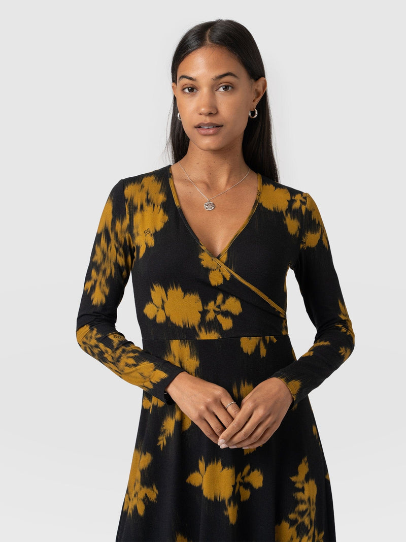 Maggie Wrap Midi Dress - Yellow Fade Floral