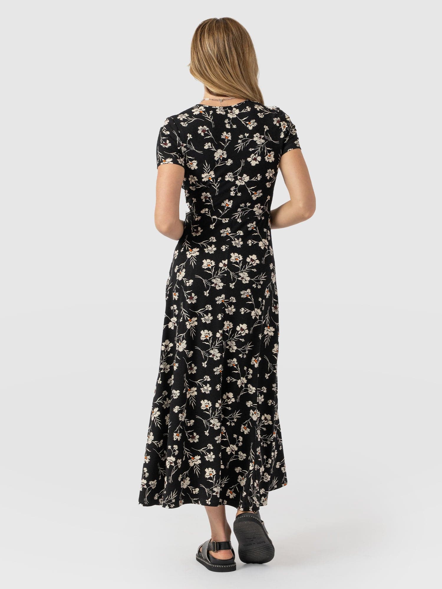 Maggie Wrap Short Sleeve Midi Dress  - Black Spring Floral