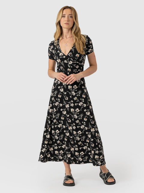 Maggie Wrap Short Sleeve Midi Dress  - Black Spring Floral - Women's Dresss | Saint + Sofia® UK