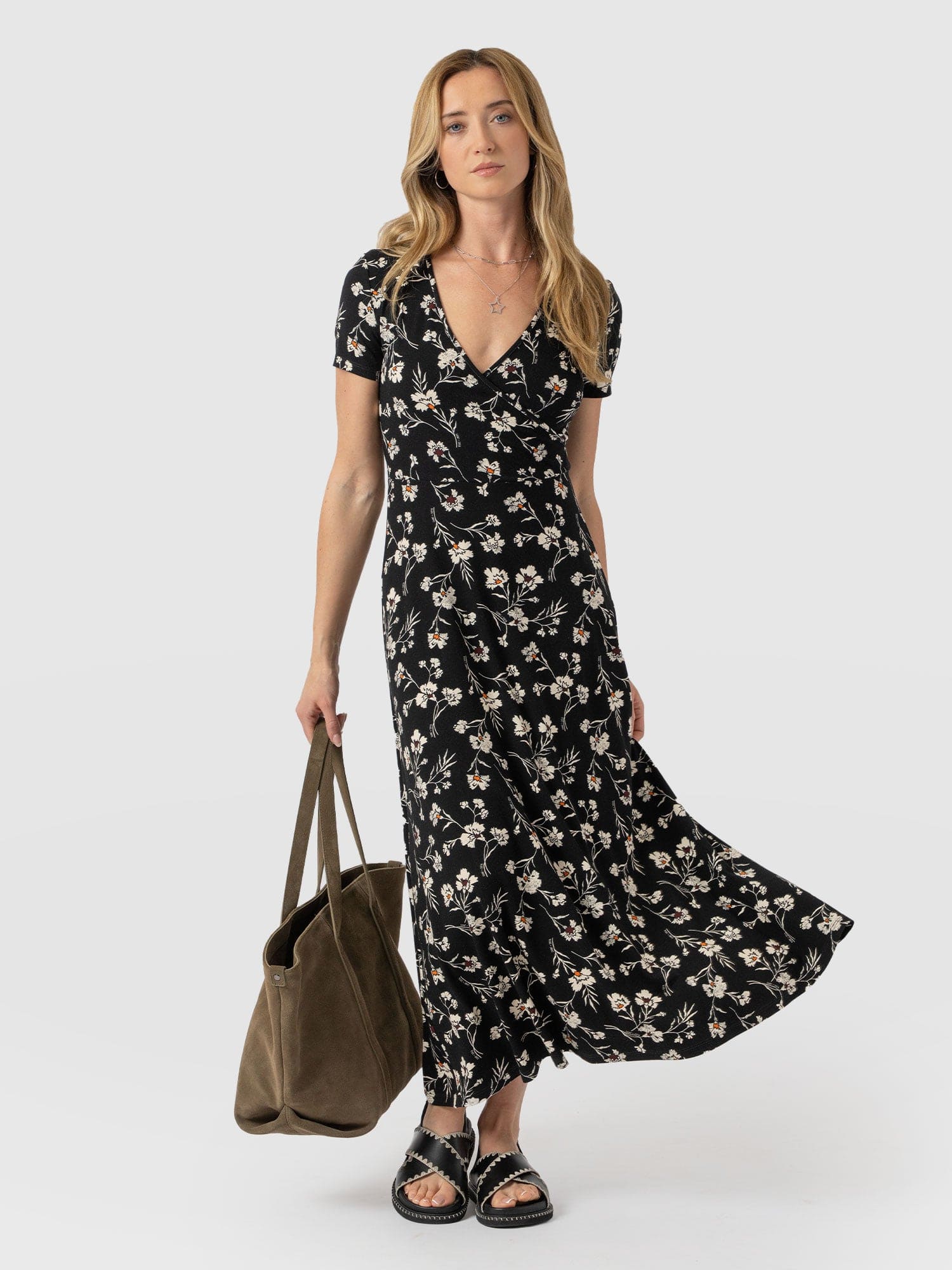 Maggie Wrap Short Sleeve Midi Dress  - Black Spring Floral