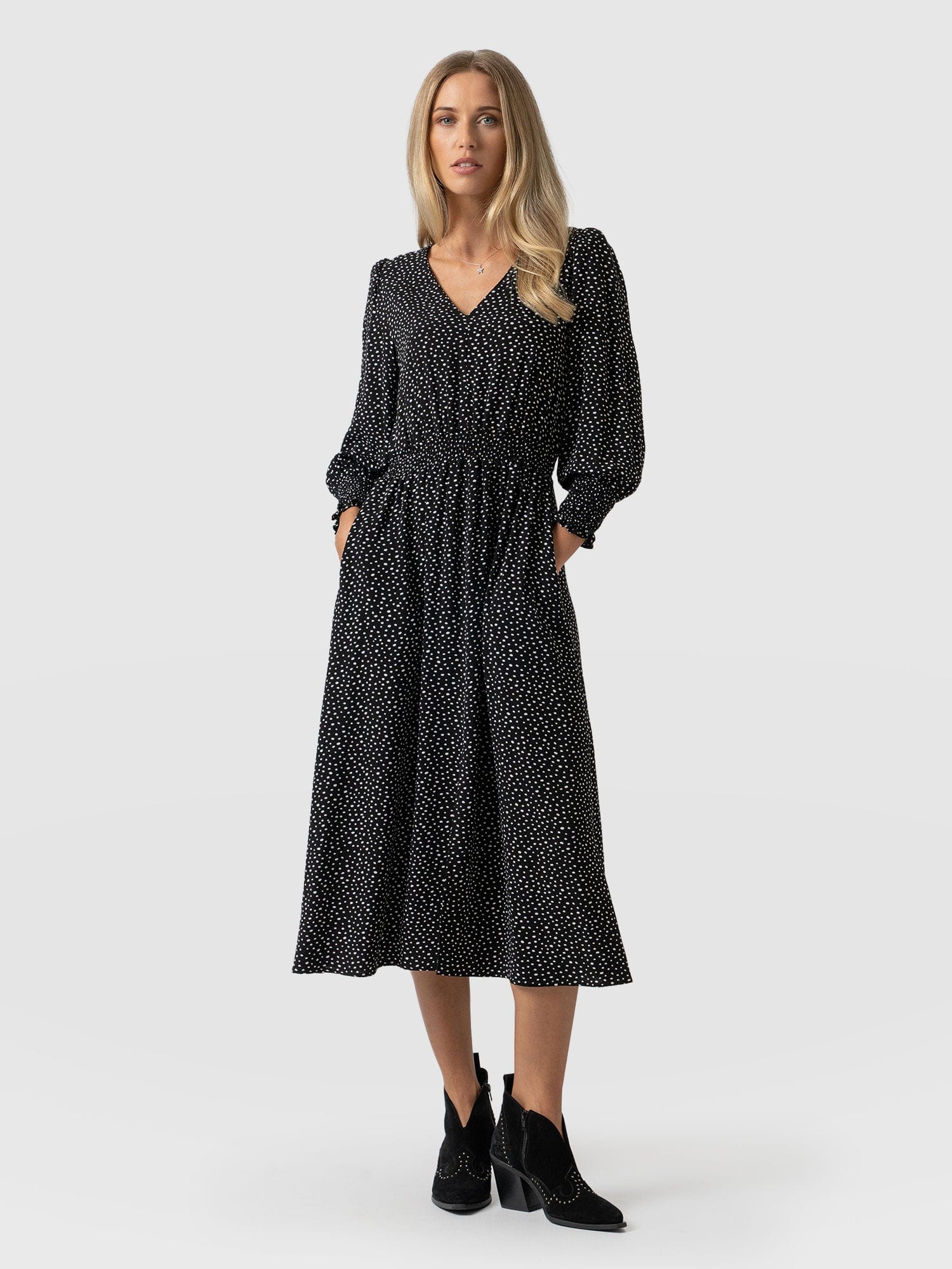 Marina Shirring Dress - Black Spot