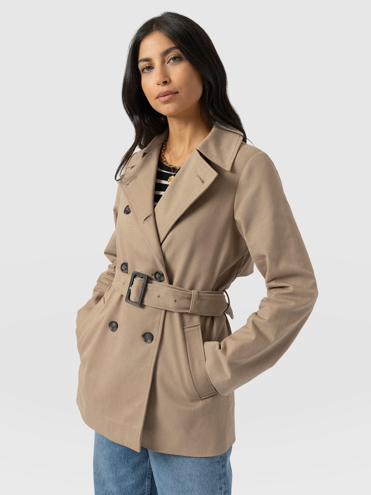 Marion Double Breasted Short Trench - Beige - Women's Outerwears | Saint + Sofia® UK