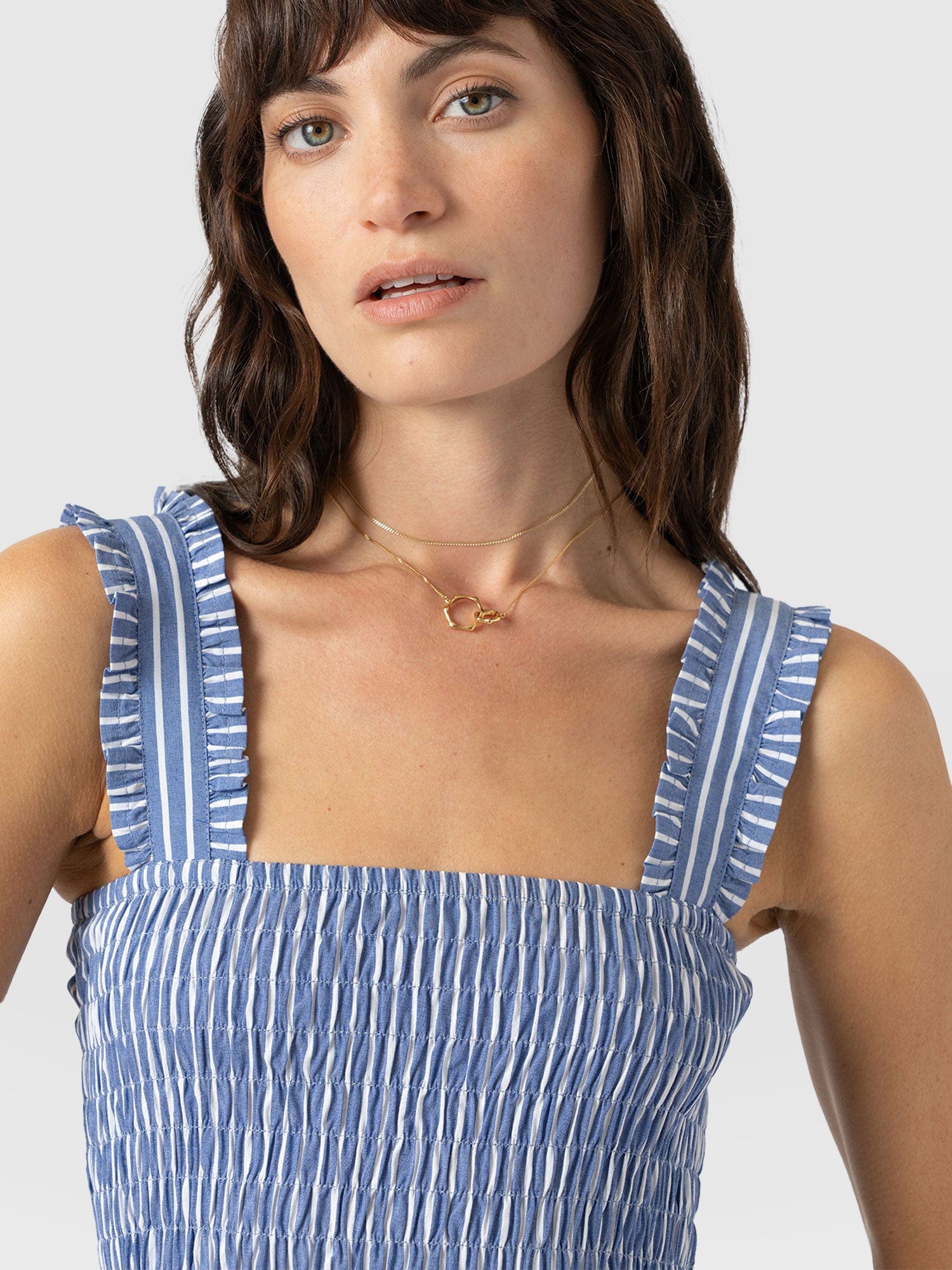 Maya Shirring Dress - Blue Stripe - Women's Dresses | Saint + Sofia® UK