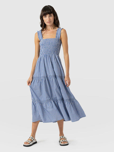 Maya Shirring Dress - Blue Stripe - Women's Dresses | Saint + Sofia® UK