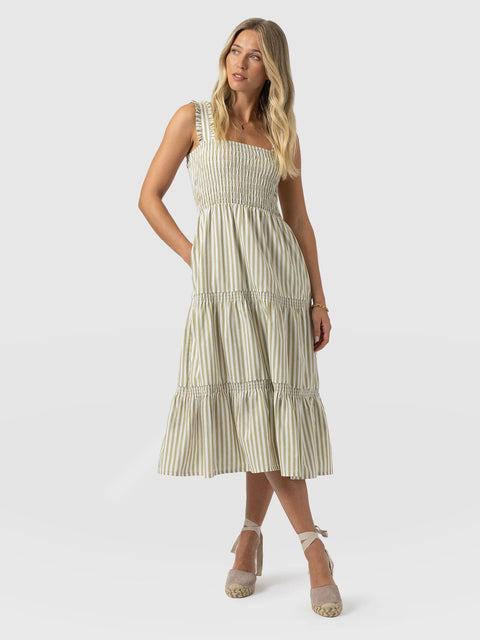 Maya Shirring Dress - Green Stripe - Women's Dresses | Saint and Sofia® UK