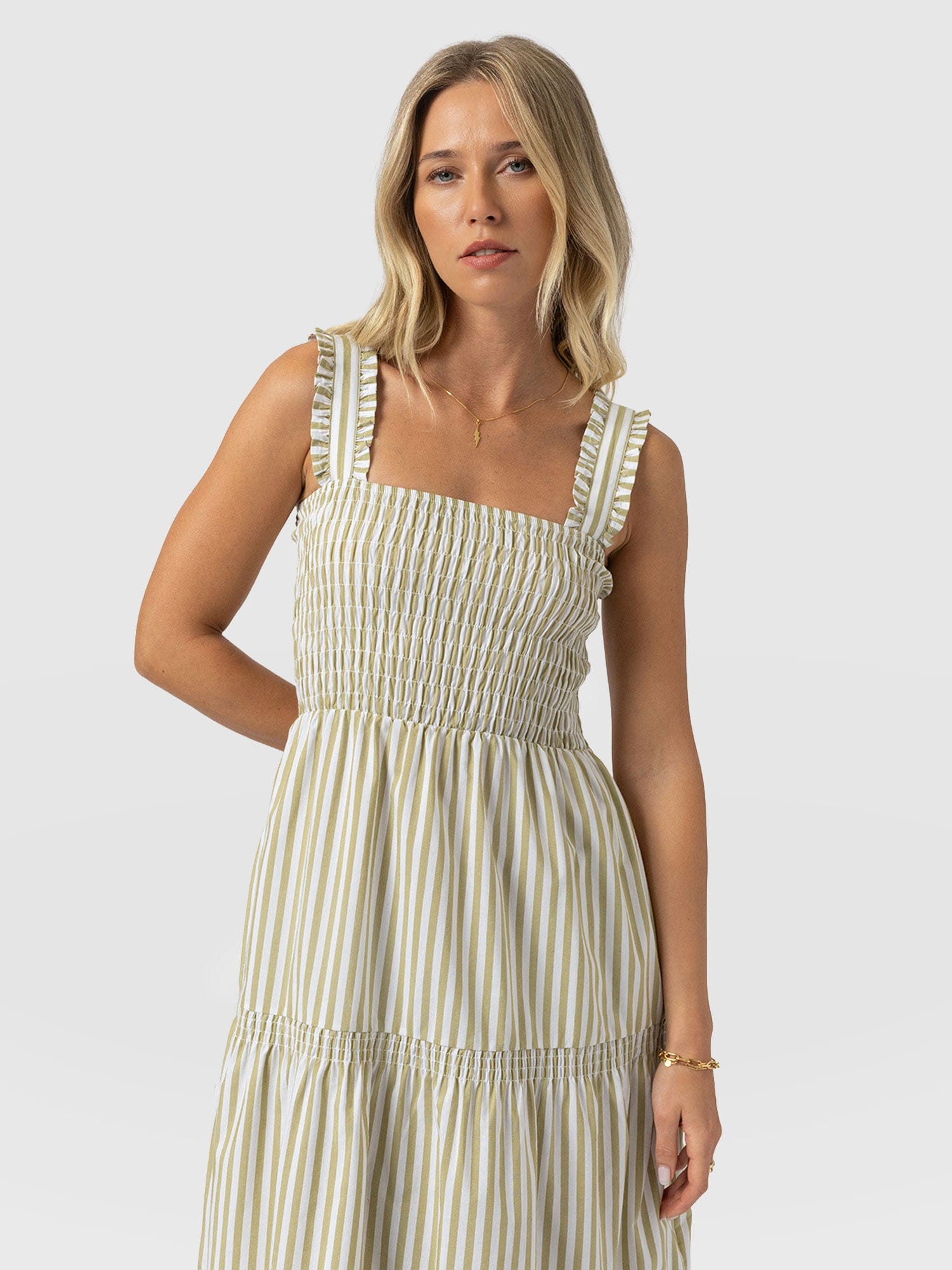 Maya Shirring Dress - Green Stripe - Women's Dresses | Saint and Sofia® UK