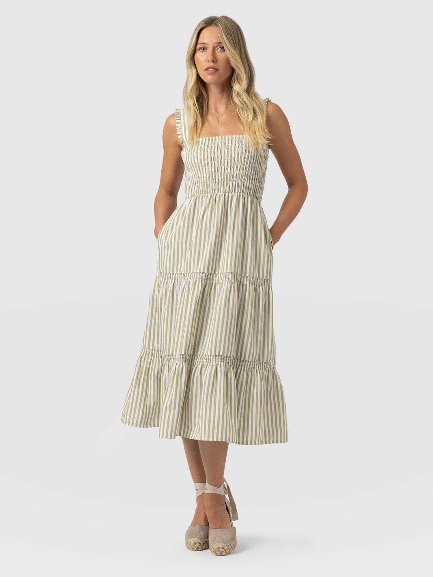 Maya Shirring Dress - Green Stripe - Women's Dresses | Saint and Sofia® UK