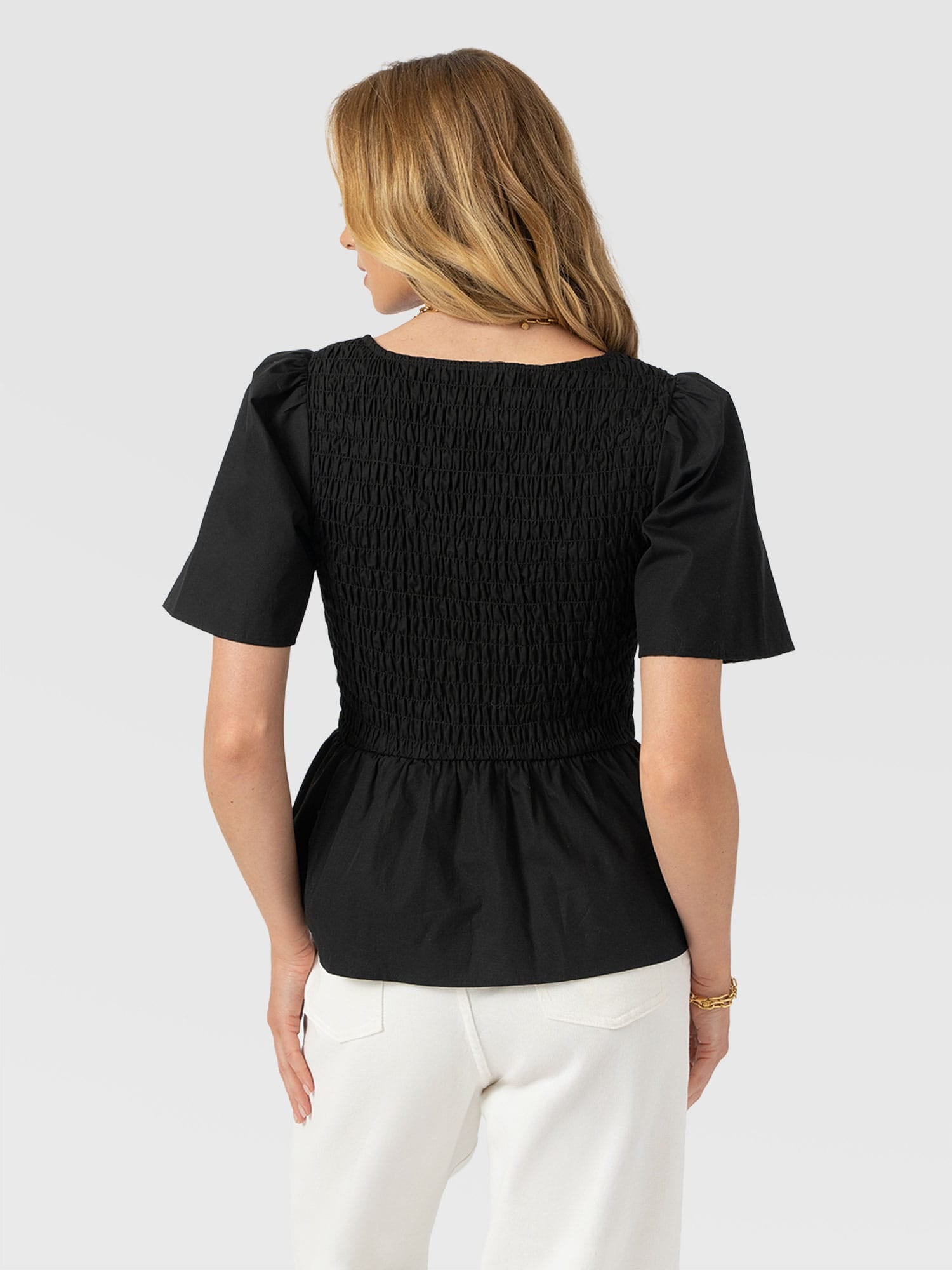 Maya Shirring Peplum Top - Black