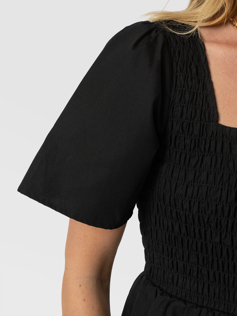 Maya Shirring Peplum Top - Black