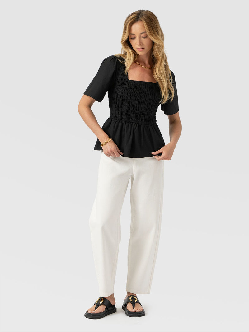 Maya Shirring Peplum Top - Black