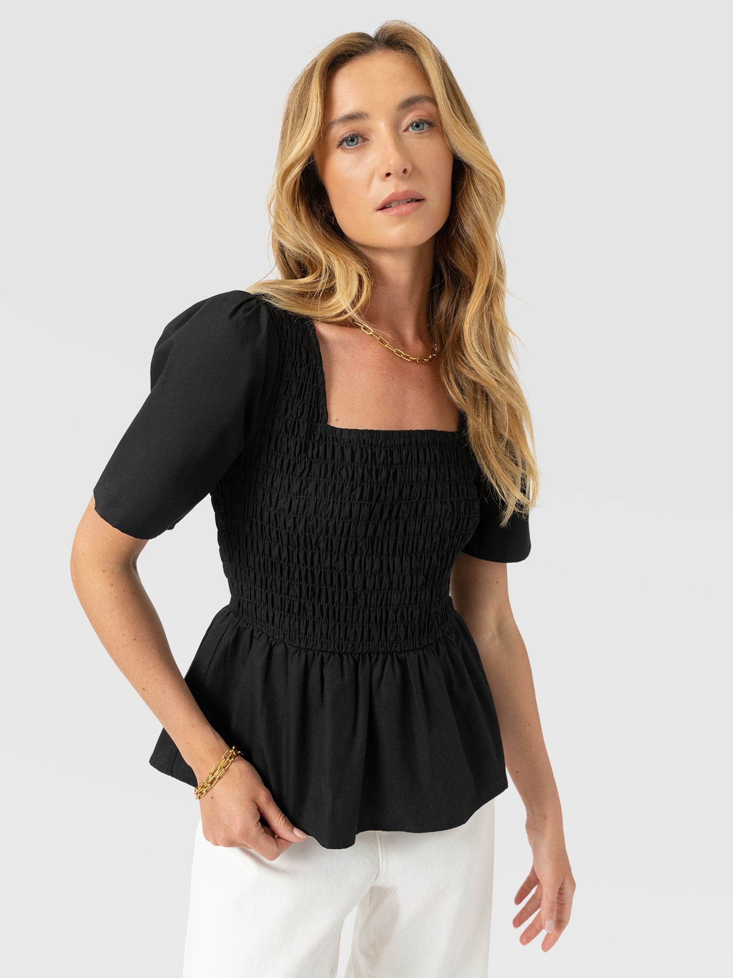 Maya Shirring Peplum Top - Black
