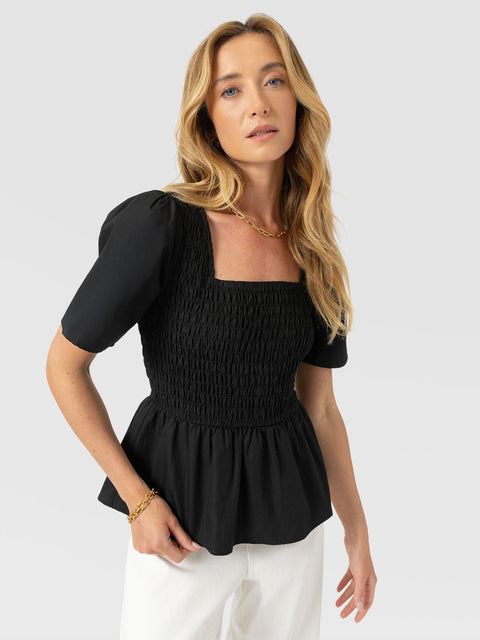 Maya Shirring Peplum Top - Black
