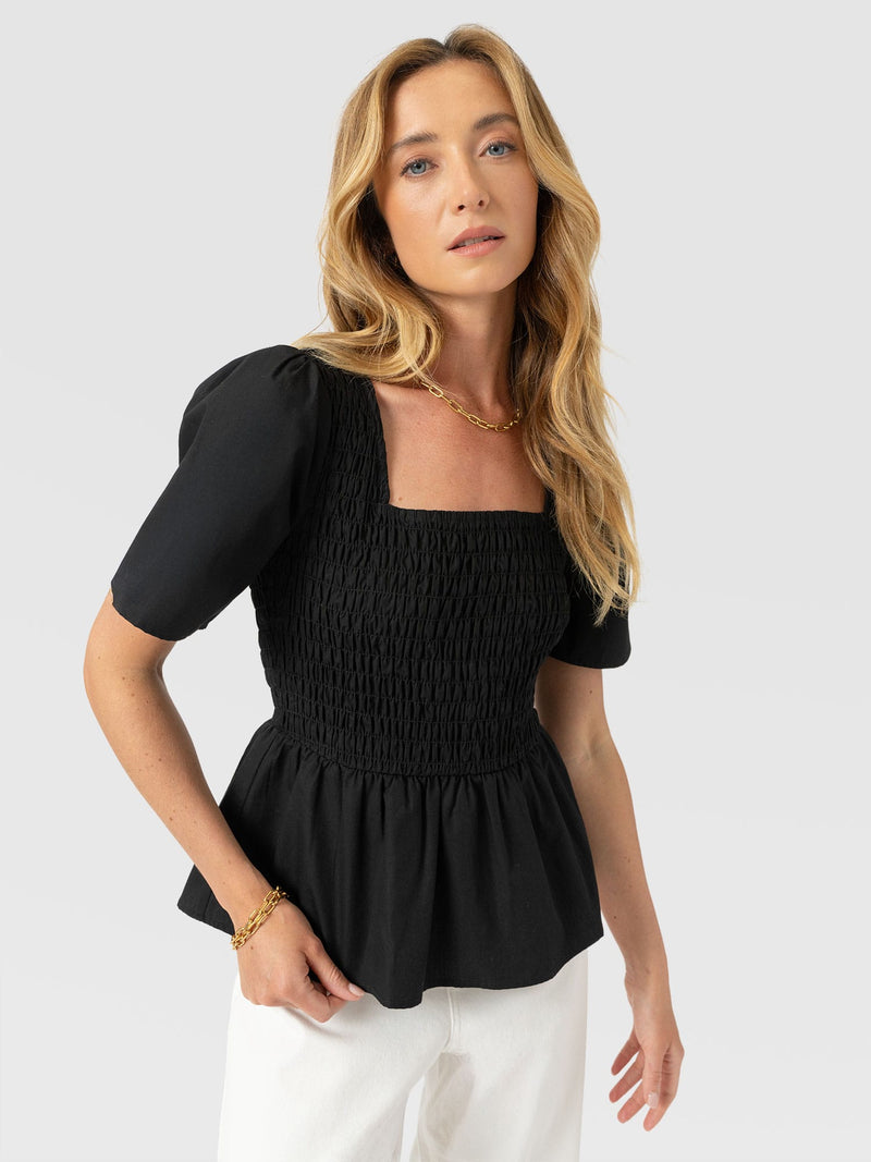 Maya Shirring Peplum Top - Black
