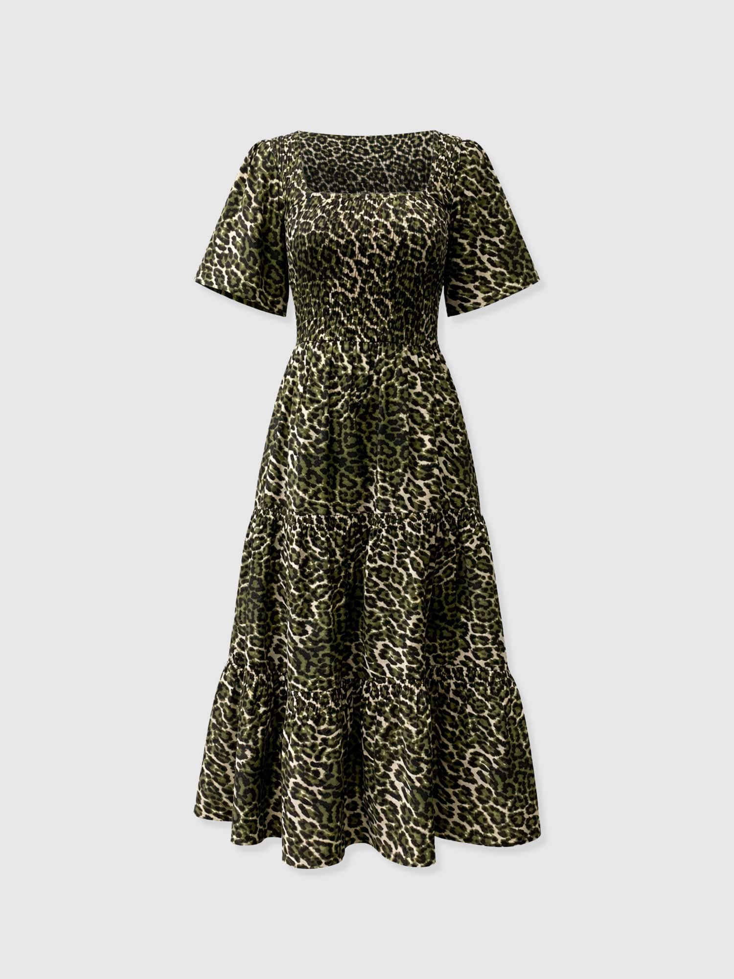 Maya Shirring Short Sleeve Dress - Green Leopard