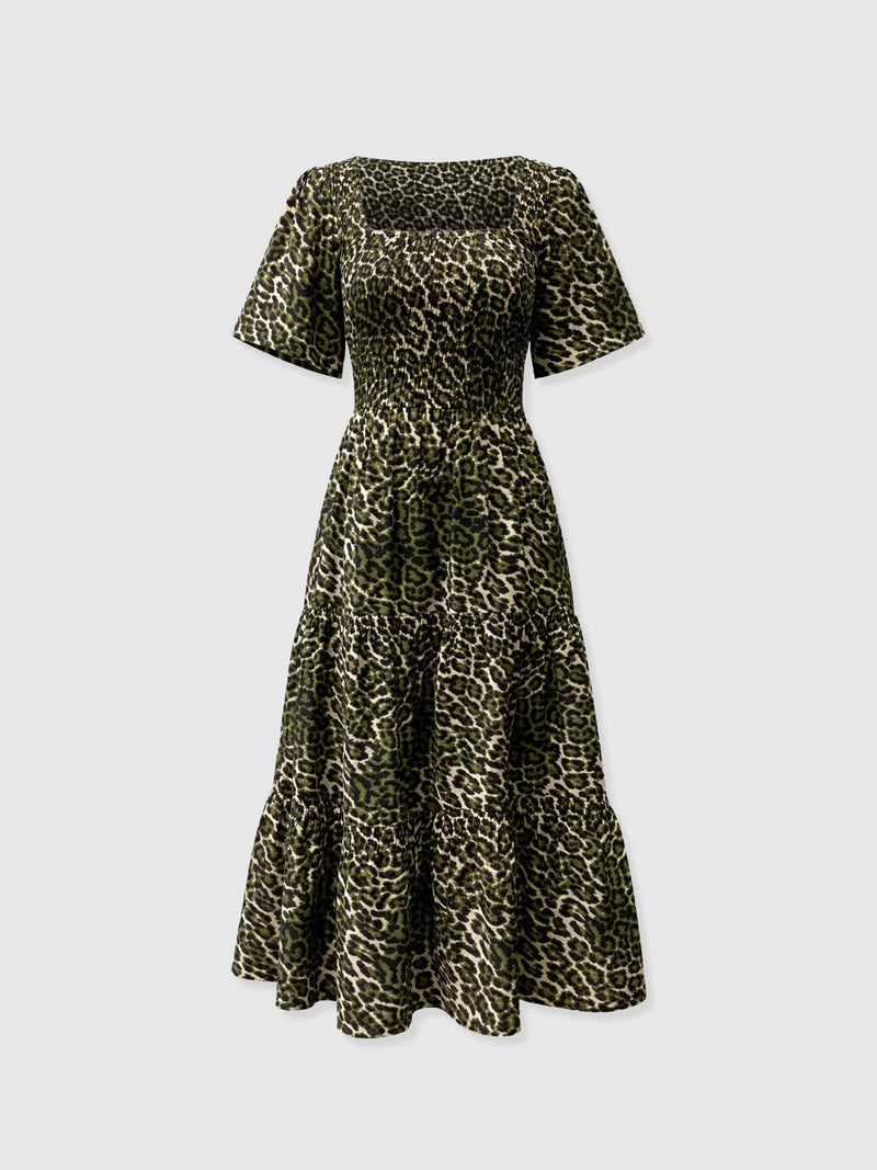 Maya Shirring Short Sleeve Dress - Green Leopard