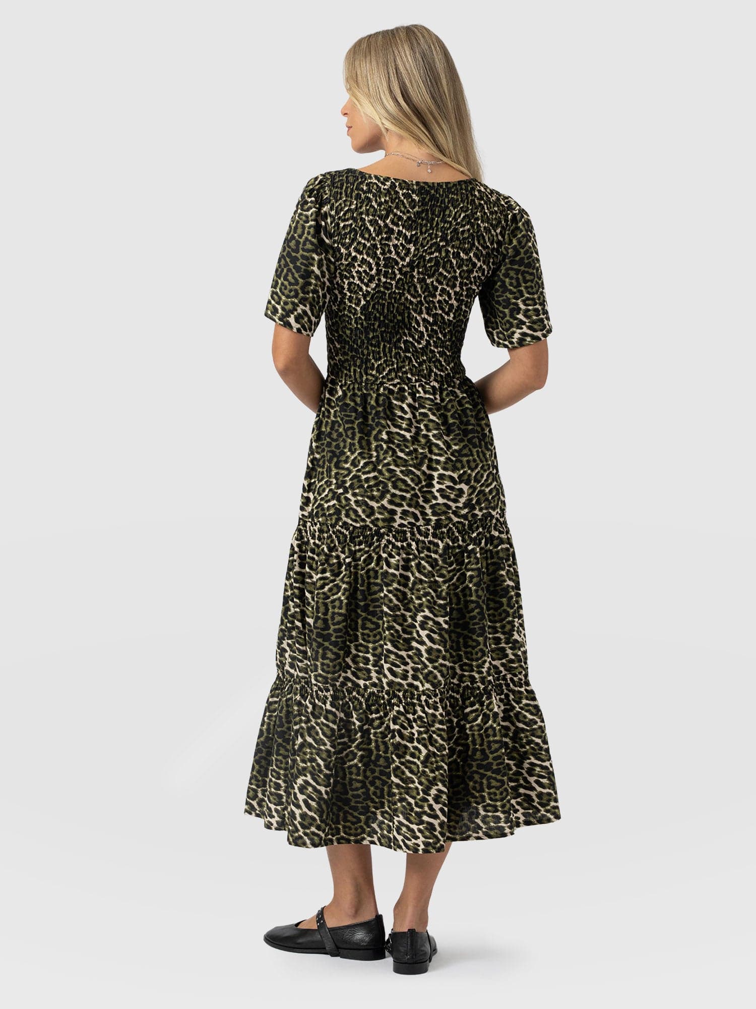 Maya Shirring Short Sleeve Dress - Green Leopard