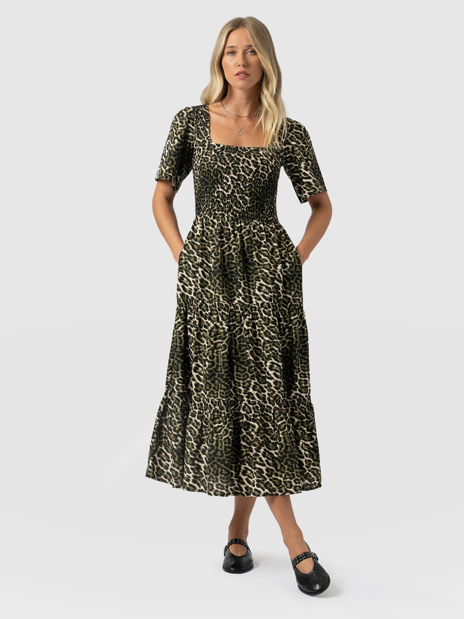 Maya Shirring Short Sleeve Dress - Green Leopard - Women's Dresses | Saint + Sofia® UK